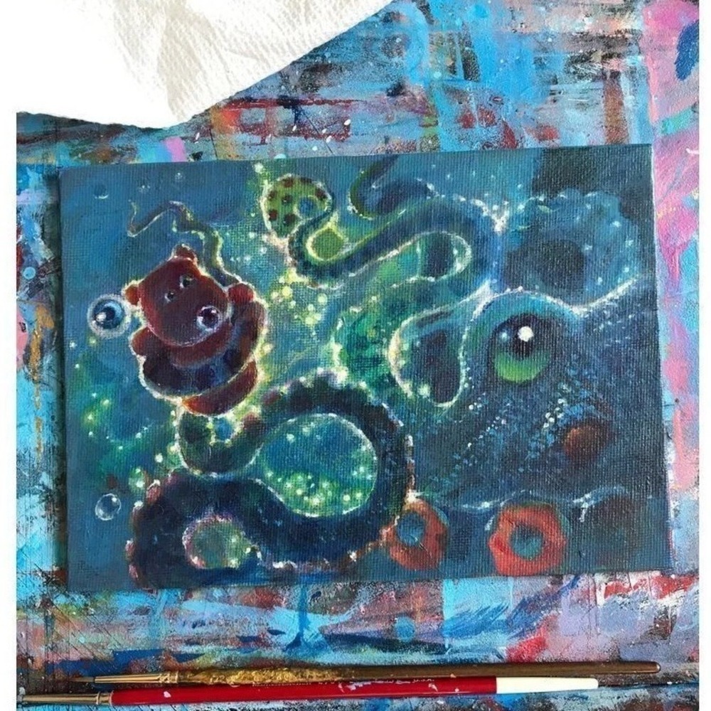 Original painting octopus Gummy Bear Art Surrealism ocean fantasy Artettina USA